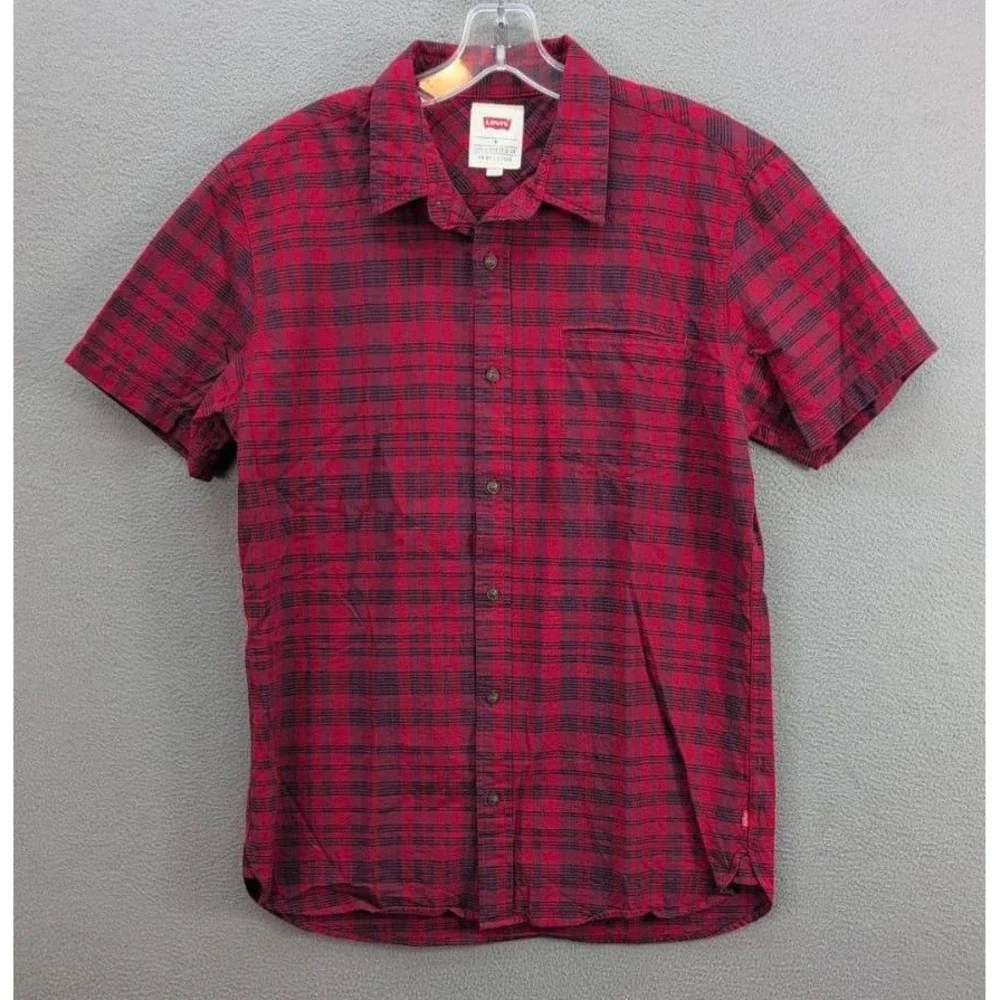 Levi's Plaid Short Sleeve Button Up Shirt Men's M Red Black Cotton Casual Preppy